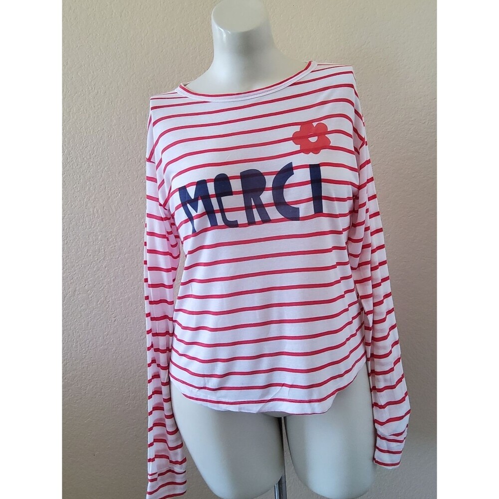 NWOT Sundry "Merci" Striped 100% Cotton Long Sleeve Tee Top Size L Red White